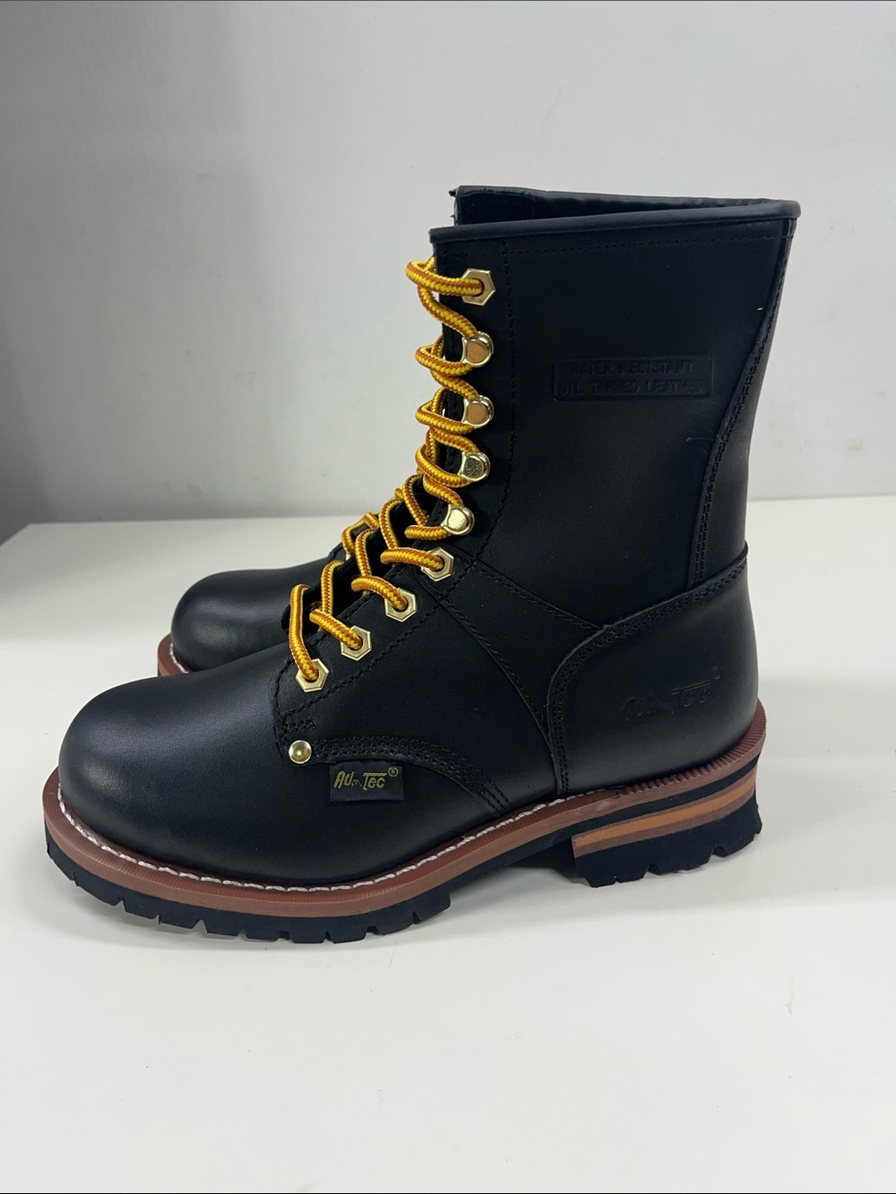 New AdTec Black Logger Work Boots Plain Toe in Black Leather Size 7.5
